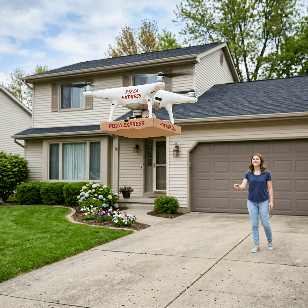 Drone delivering pizza boxes to a woman outside a suburban house