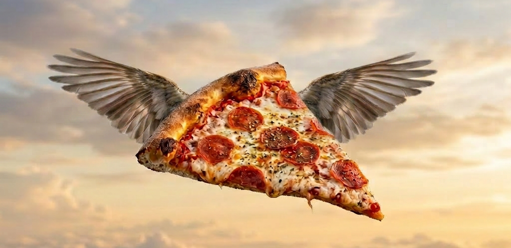Pepperoni pizza slice with wings flying