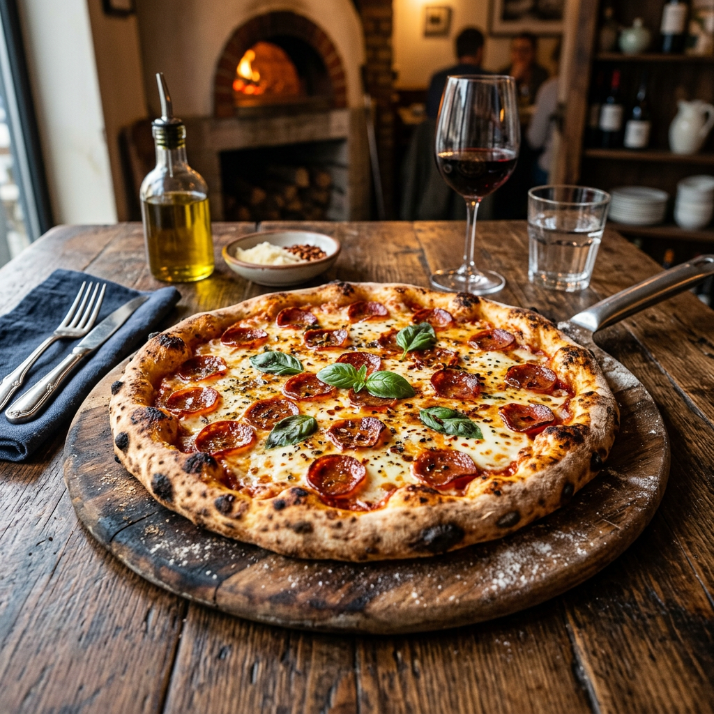 Pepperoni pizza with melted cheese and basil leaves on wooden pizza peel
